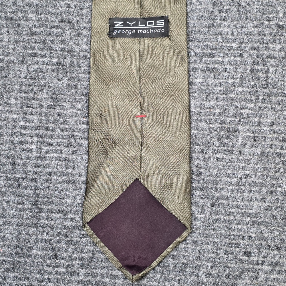 Zylos George Machado Silk Tie Men's Olive Green Geometric Diamond USA Made VTG - Picture 2 of 8
